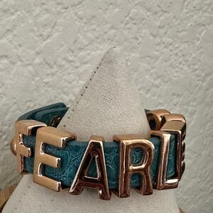 BCBG Generation "FEARLESS" Bracelet | Teal Faux Leather & Gold-Tone Letters